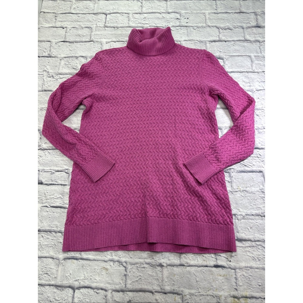 Lands End Womens Medium 10-12 Pink Cotton Cable Knit Turtleneck Sweater RN62830